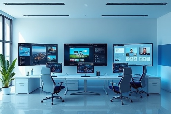 sleek site layout, intuitive, showing user-friendly interface creation, photorealistic, digital workspace with multiple screens and ergonomic furniture, highly detailed, dynamic interactions displayed, clean lines and smooth transitions, calming blue tones, soft diffused lighting, shot with a 35mm lens.