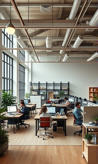 cohesive site theme, elegant and cohesive, illustrating thematic implementation, photorealistic, open-plan office with creative teams at work, highly detailed, thematic motifs and styles in action, precise and polished, muted earth tones, overhead soft lighting, shot with a 85mm portrait lens.