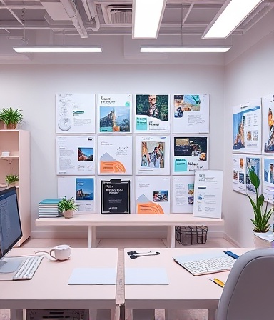 versatile media template, adaptable, displaying multifunctional design, photorealistic, tech-savvy workspace with digital boards and template drafts, highly detailed, engaging templates and layout options, clean and structured, pastel color scheme, cool fluorescent lighting, shot with a 28mm lens.