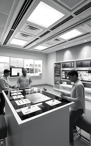 interactive media design, immersive and participatory, facilitating user interaction, photorealistic, advanced lab with touchscreens and interactive elements, highly detailed, user-engagement features highlighted, sleek and minimalistic, monochrome shades, studio lighting, shot with a 40mm lens.