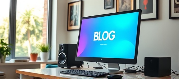 sleek blog computer, engaging, displaying an eye-catching screen with vivid colors, photorealistic, in a home office with decorative art and a large window view, highly detailed, cables and gadgets neatly arranged, ultra-high definition, bright blues and greens, ambient light, shot with a 50mm lens.