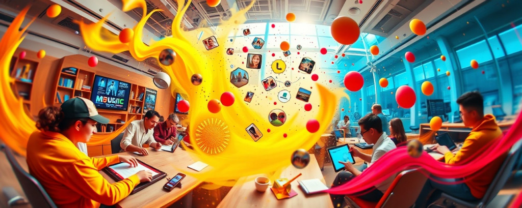 dynamic media graphics, lively and vibrant, bringing ideas to life, photorealistic, collaborative environment with graphic tablets and animation tools, highly detailed, visual storytelling techniques, fluid and expressive, bright primary colors, high-key lighting, shot with a 14mm fisheye lens.