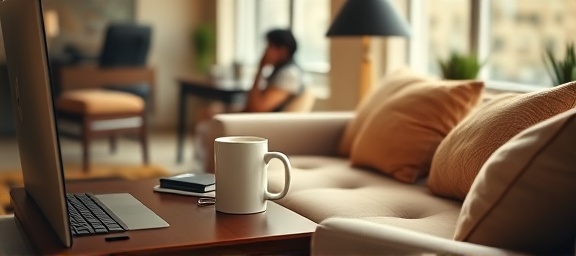 ergonomic setup workspace, comforting, inviting user to begin a stress-free workday, photorealistic, set in an open-plan room with soft cushioned seating, highly detailed, coffee mug steaming, intricate textures, warm earth tones, soft focus with rim lighting, shot with a 24mm lens.