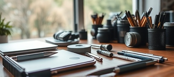 decorated setup tools, meticulous, highlighting various gadgets and stationery arranged with care, photorealistic, laid out on a wooden desk with a nature view through a nearby window, highly detailed, reflections on metallic surfaces, high resolution, muted palette, diffused overhead light, shot with a macro lens.