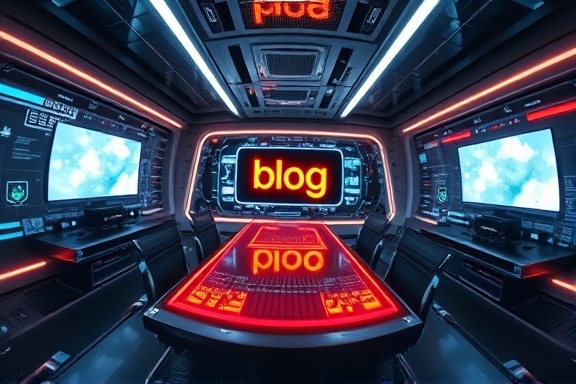 futuristic blog digital interface, innovative, showing a cutting-edge virtual workspace, photorealistic, overlay with elements of a sleek high-tech room filled with floating holograms, highly detailed, animated screen glow, ultra-clear definition, bright neon accents, dynamic lighting with shadows, shot with a fisheye lens.