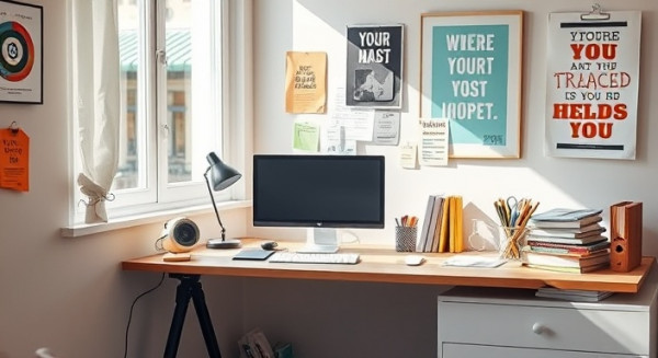 organized blog desk, productive, illustrating a clean desk with inspirational equipment and notes, photorealistic, adorned with motivational posters on walls, highly detailed, slight breeze through the open window, detailed clarity, color pop of motivational items, direct afternoon sunlight, shot with an 85mm lens.