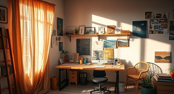 creative setup workspace, inspiring, encapsulating a creative mind's workspace, photorealistic, set in a brightly lit corner with art supplies scattered about, highly detailed, flowing drape casting shadows, vibrant, contrasted, golden hour lighting, shot with a wide-angle lens.
