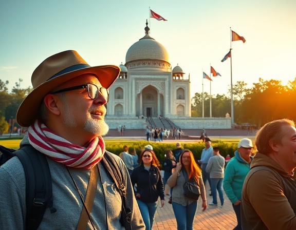 enthusiastic tourist, amazed, exploring landmarks, photorealistic, iconic monument with surrounding greenery, highly detailed, fluttering flags, high resolution, bright daylight colors, golden hour, shot with a wide-angle lens