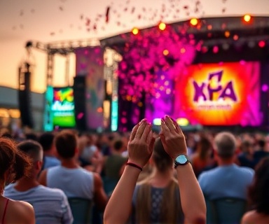 excited event participant, cheering, attending a festival, photorealistic, lively outdoor stage with colorful decorations, highly detailed, confetti in the air, crystal clear, festival colors, sunset glow, shot with a 70-200mm telephoto lens