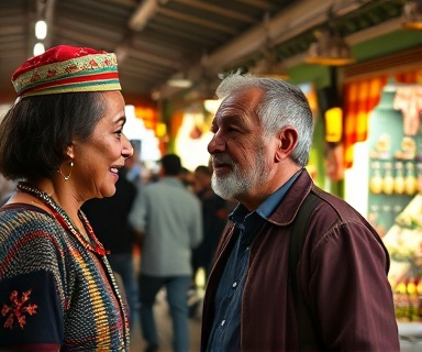 interconnected community member, thoughtful, engaging in conversation, photorealistic, vibrant market setting with cultural stalls, highly detailed, ambient chatter, natural hues, soft diffused lighting, shot with a 35mm prime lens