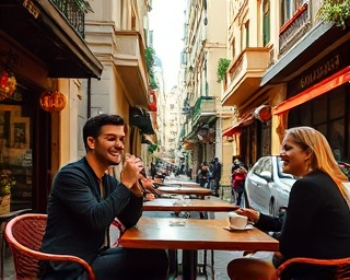 lifestyle expat, joyful, savoring, photorealistic, outdoor cafe in Hanoi Old Quarter surrounded by ornate colonial-era buildings, highly detailed, people sipping coffee, rich colors, morning sunlight, shot with a 85mm lens.