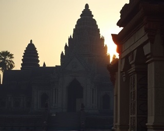 wanderlust expat, curious, discovering, photorealistic, ancient temples of Angkor Wat at sunrise with intricate carvings, highly detailed, light mist in the air, muted colors, golden hour lighting, shot with a 24mm lens.