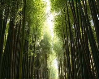 explorer expat, awe-spire, hiking, photorealistic, dense bamboo forest in Arashiyama, Kyoto with towering bamboo stalks, highly detailed, rustling leaves in the wind, earth tones, dappled sunlight, shot with a 16mm lens.