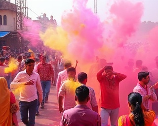 culture enthusiast expat, inspired, learning, photorealistic, vibrant Indian Holi festival with clouds of colored powder and dancing crowds, highly detailed, dynamic celebrations, vivid colors, bright midday light, shot with a 28mm lens.