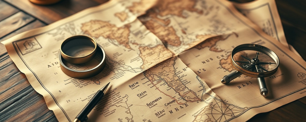vintage itinerary map, inviting, plotting travel routes, photorealistic, spread across a wooden desk with a compass and magnifying glass, highly detailed, pages fluttering due to a gentle breeze, intricate cartographic lines and landmarks, sepia tones, warm ambient lighting, shot with a 50mm lens.