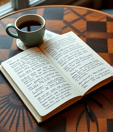 personalized itinerary travel notebook, contemplative, jotting down travel inspirations, photorealistic, laid open on a cozy coffee table beside a steaming cup of coffee, highly detailed, gentle rustling of pages, clearly legible handwriting and doodles, muted earth tones, soft morning light, shot with a 35mm lens.