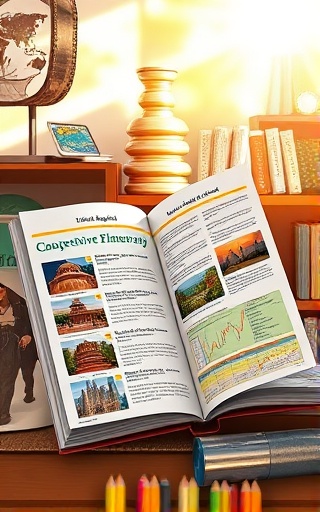 comprehensive itinerary guide book, informative, highlighting popular sites, photorealistic, placed on a sunlit shelf surrounded by travel souvenirs, highly detailed, pages flipping like a breeze is passing through, vivid illustrations and texts, vibrant colors, natural soft lighting, shot with a telephoto lens.