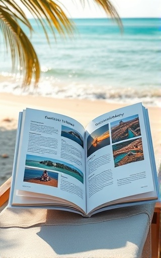 relaxing itinerary vacation brochure, serene, showcasing idyllic destinations, photorealistic, open on a beachside lounge chair with a view of the ocean, highly detailed, the gentle sway of pamphlet pages, crystal clear images and descriptive texts, tropical hues, diffused sunlight, shot with a wide-angle lens.