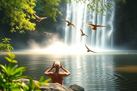 relaxed retirement leisure, peaceful expression, meditating by a tranquil waterfall, photorealistic, lush green foliage with mist swirling through the air, highly detailed, birds in flight creating ripples on the pond, natural color tones, dappled sunlight filtering through trees, shot with a macro lens