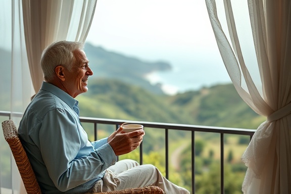 elegant retirement lifestyle, satisfied expression, sipping coffee on a villa terrace overlooking a mountain view, photorealistic, rolling green hills with a distant ocean, highly detailed, gentle breeze fluttering the curtains, soft pastel colors, diffused morning light, shot with a 24-70mm zoom lens