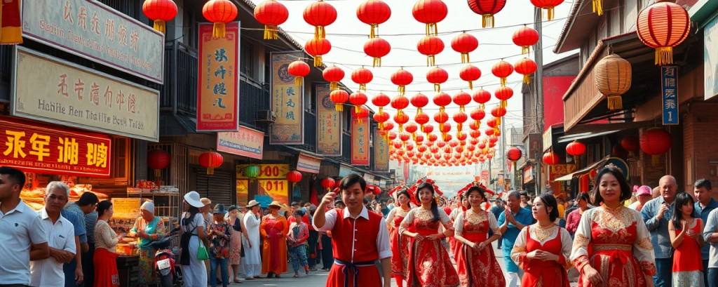 vibrant HuaHin culture, captivating, celebrating traditional festival, photorealistic, bustling street with colorful banners and stalls, highly detailed, dancers in traditional costumes, ISO 100, warm daylight, shot with a 50mm prime lens.