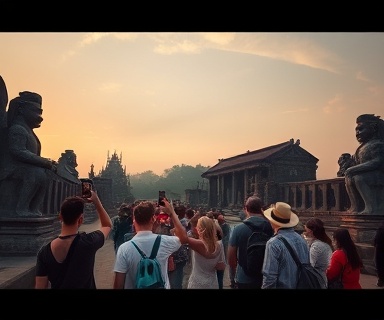 historic HuaHin history, intriguing, visiting an ancient landmark, photorealistic, elaborately carved stone statues and ruins, highly detailed, tourists taking photos, high dynamic range, muted earth tones, twilight golden hour, shot with a wide-angle 16mm lens.
