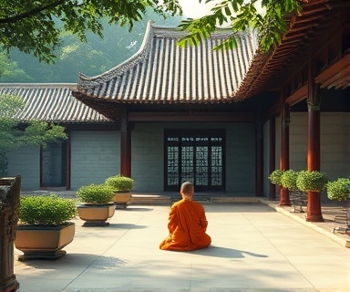 serene HuaHin temples, peaceful, meditating in a temple courtyard, photorealistic, tranquil gardens and intricate temple architecture, highly detailed, monks walking in the cloister, f/11, soft muted colors, ambient dappled light, shot with a 35mm lens.