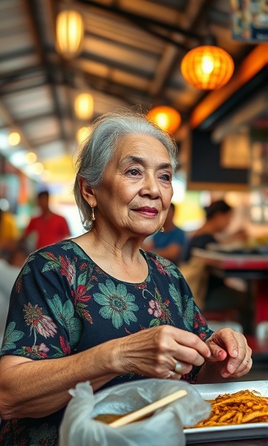 relaxed retiree woman, reflective, enjoying a traditional Thai meal, photorealistic, sitting in an open-air market stall with hanging lights in Bangkok, highly detailed, bustling atmosphere, warm tones, golden hour lighting, shot with a 35mm lens.
