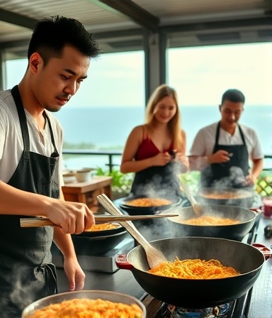 excited tourists, fascinated, learning to cook pad thai, photorealistic, in a cooking class overlooking the ocean in Phuket, highly detailed, aromatic smoke rising from woks, bright kitchen space, midday sunlight, shot with a macro lens.