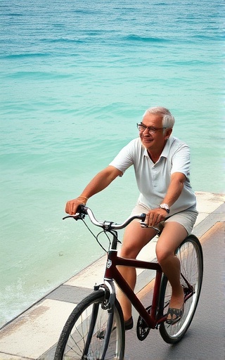 smiling retiree duo, relaxed, cycling along a beach path, photorealistic, beside serene turquoise waters in Koh Samui, highly detailed, gentle wind creating soft ripples, vibrant colors, diffused lighting, shot with a 24mm lens.