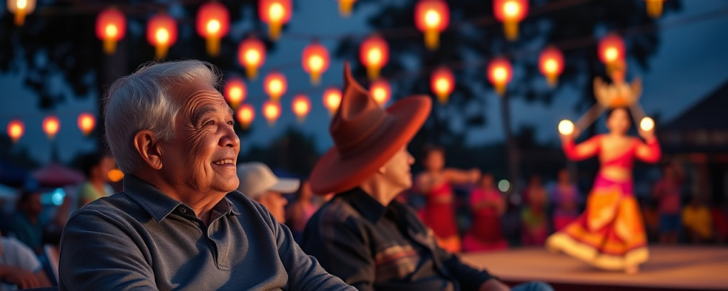 contented elderly couple, peaceful, watching a traditional dance performance, photorealistic, seated under lantern-lit skies at a cultural festival in Chiang Rai, highly detailed, flowing dancer movements, rich vibrant colors, twilight lighting, shot with a 85mm lens.