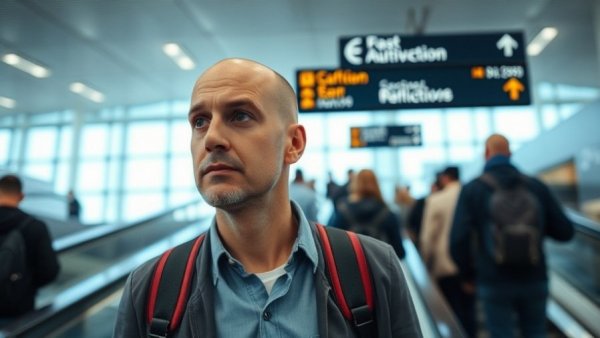 Man pondering retirement in Thailand in dynamic airport scene.