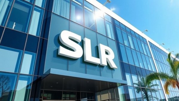 SLR logo on a modern glass building facade under blue sky.