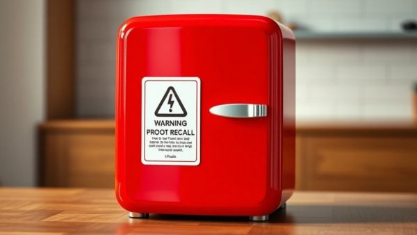 Vibrant red mini fridge with product recall sign for fire hazard.