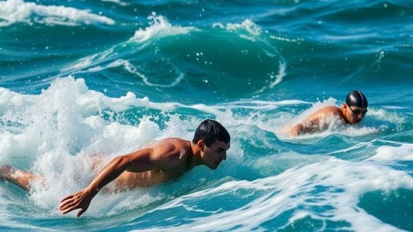 Athletes swimming in turbulent ocean during triathlon, natural sunlight.