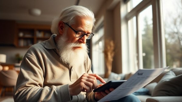Elderly man reviewing tax documents, tax burden in Spain for expats.