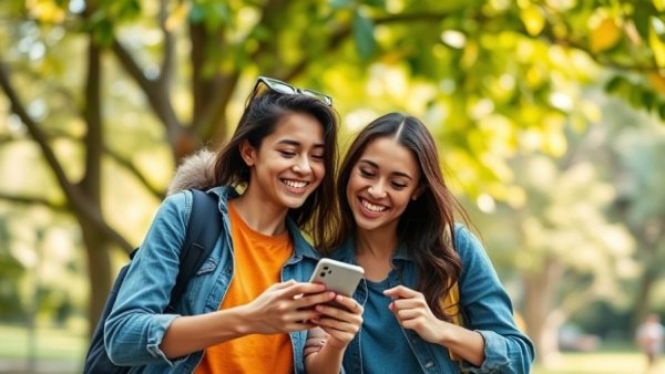 Young couple using essential smartphone travel apps outdoors
