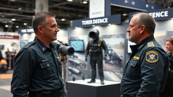 Doha International Maritime Defence Exhibition booth with discussions and displays.