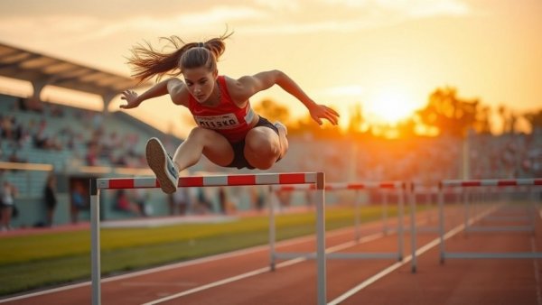 Focused runner mid-leap analyzing hurdle technique on track.