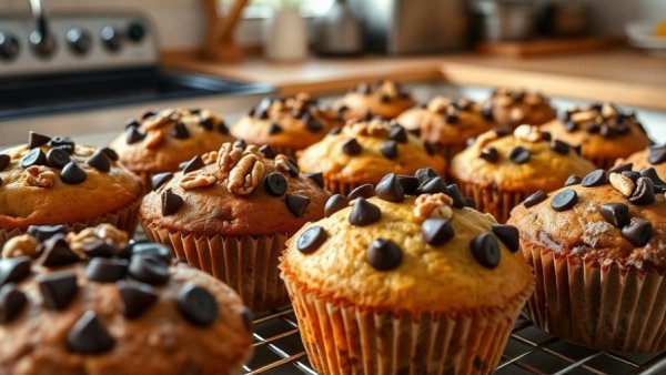 Variety of homemade muffins with chocolate chips and walnuts.