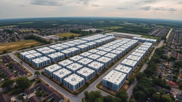 Aerial view of data center complex near residential area, data center construction opportunities 2026.