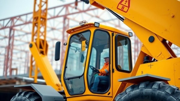 Yellow telescopic handler at a construction site, equipment rental services.