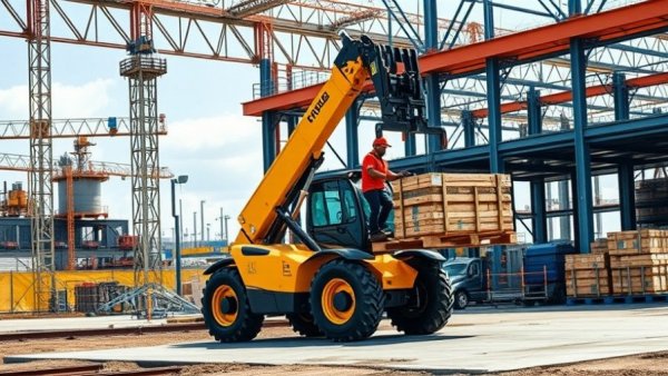 Yellow telehandler at construction site for Turner Construction equipment rental.