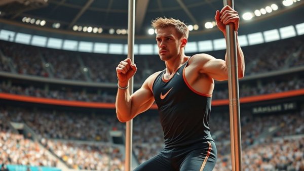 Chris Nilsen's athlete pole vaulting event, photorealistic stadium.