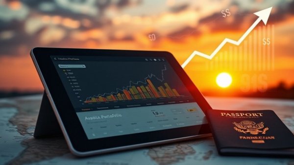 Investment strategies for Americans abroad showcased with passport and tablet.