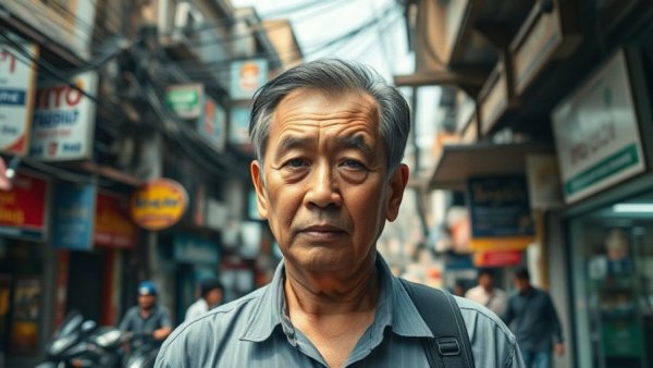 Contemplative man in a busy Thai street scene, Retire in Thailand.