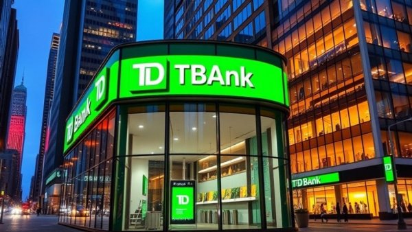 TD Bank branch showcased with vibrant green lights at night.