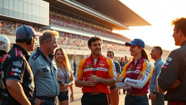 Formula 1 Qatar Grand Prix 2025 pit lane scene with people discussing.