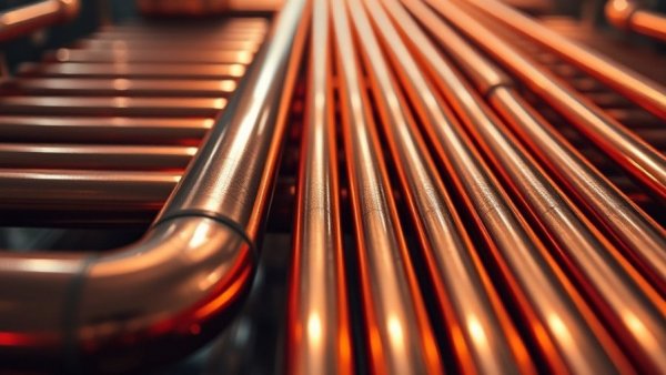 Close-up of shiny copper pipes reflecting light, highlighting construction materials costs.