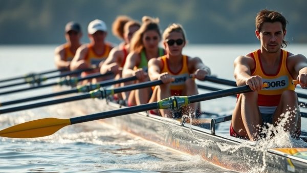 Relational leadership concept with rowing team in sync, competing.